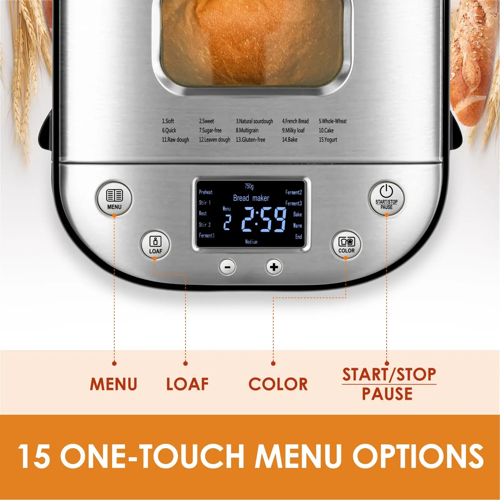 15 in 1 Stainless Steel Automatic Bread Maker
